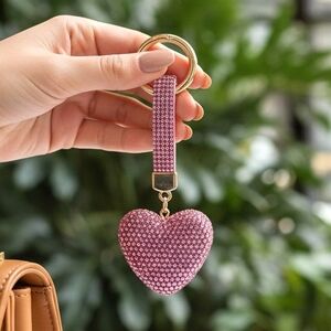 Pink Heart Bling Studded Bag Charm Keychain Decoration Statement Accessory
